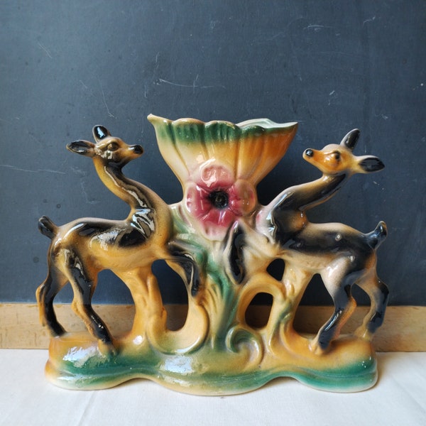 Mid century vase with fawns decor, Italian 50s romantic ceramic mantel planter