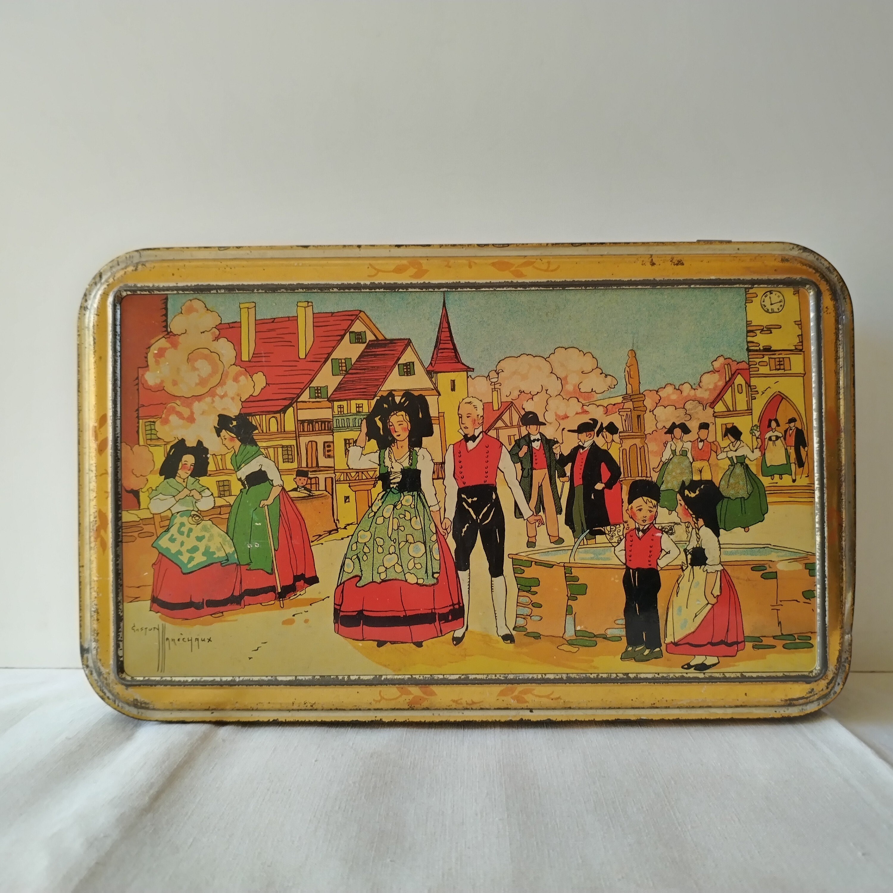 Antique tin box, French litho box, Alsace village scene, signed Gaston Maréchaux