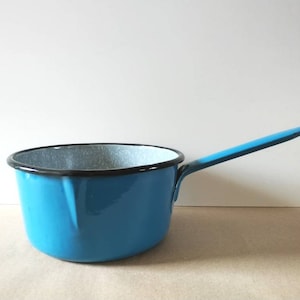 Vintage enamel pan, French country kitchen ware, blue and speckled gray enamelware