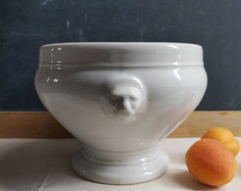 French white porcelain tureen to upcycle as planter, lions heads footed tureen, vintage table centerpiece