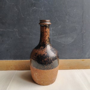 French antique glazed pottery bottle, terracotta rustic and natural decor