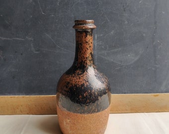 French antique glazed pottery bottle, terracotta rustic and natural decor