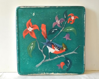 French antique trivet, hand painted ceramic tile, bird decor, Longwy Gazouillis