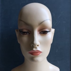 Vintage woman mannequin wig head, French shop hat stand, ladie&#39;s face, 80s decor