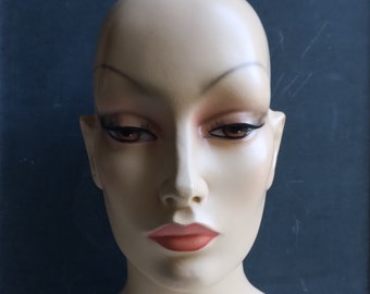 Vintage woman mannequin wig head, French shop hat stand, ladie's face, 80s decor
