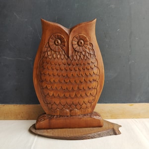 Vintage owl sculpture, wooden owl figurine, 70s sideboard decor, hand carved wood owl