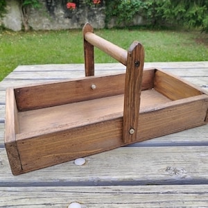 French vintage wood garden trug, flat harvest basket, with foldable handle