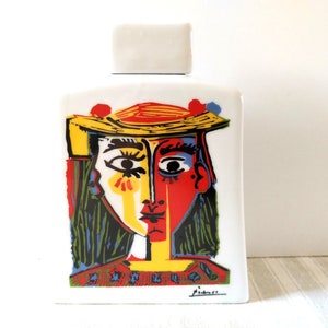 Picasso flask, vintage porcelain flat bottle, Head of a woman in a hat, by Tognana