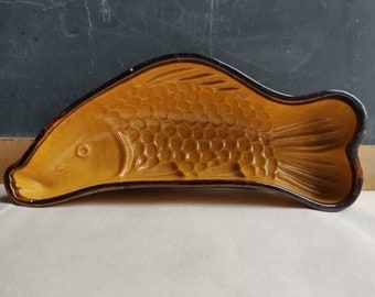 Vintage glazed pottery Fish mold, French Easter cake and terrine mold, rustic country kitchen