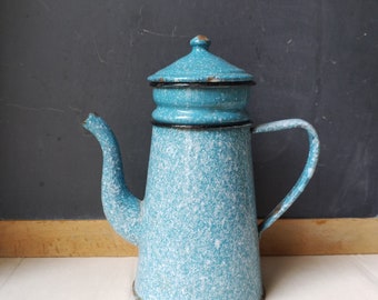 French antique enamel coffee pot, speckled blue enamelware, country farmhouse kitchen decor