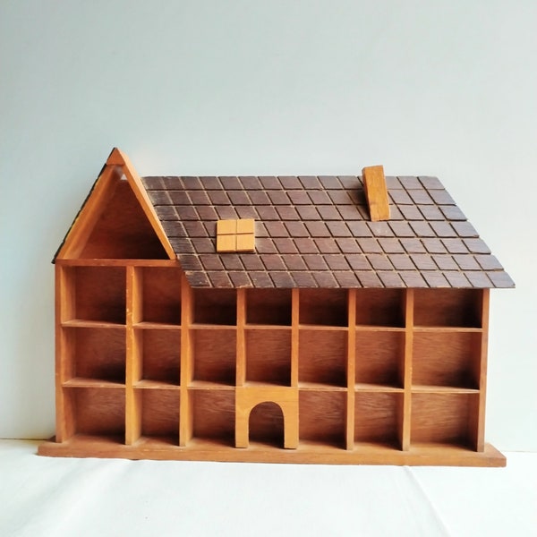 French wall hanging wood house, vintage shelf house, collection storage and display