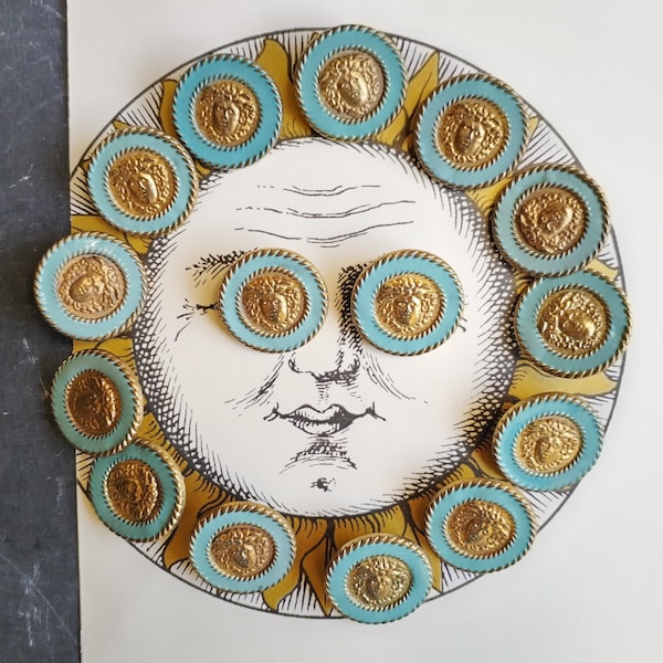 RARE Medusa head buttons, vintage set of 15 luxury golden and turquoise buttons