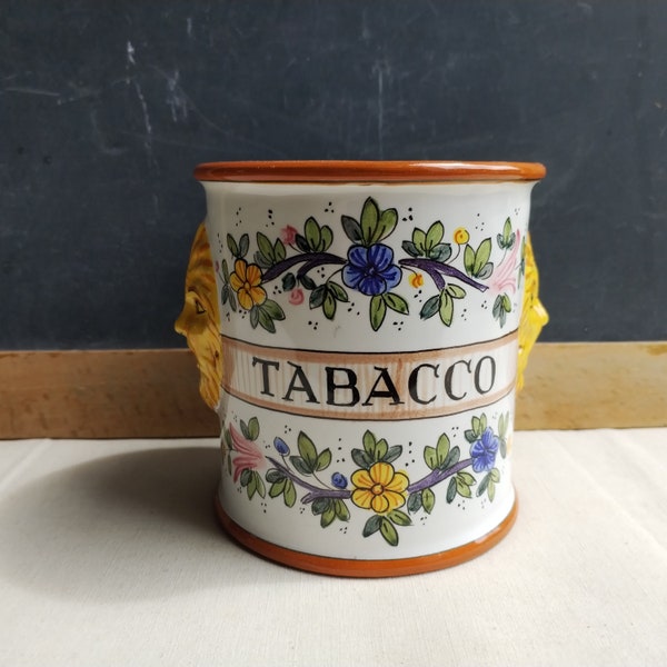 Mid century Italian tobacco jar with sun faces decor, vintage Deruta Majolica Pottery