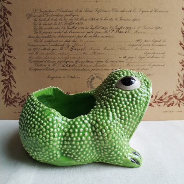 Jean ROGER original hobnail frog planter, French mid century green ceramic frog jardiniere