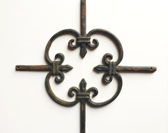 French vintage portal ornament, salvaged fleur-de-lys cast iron gate part, ornament and accents