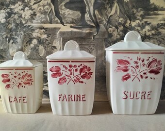 French Art Deco spice jars, St Amand set of 3 kitchen canisters for sugar, flour and coffee, 1930s 1940s