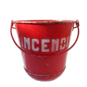 Vintage fire bucket, French large metal fire bucket, red water bucket, industrial design, French fire station supplies