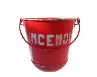 Vintage fire bucket, French large metal fire bucket, red water bucket, industrial design, French fire station supplies