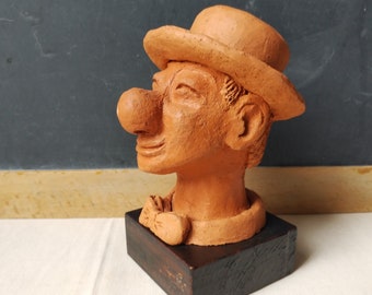 Terracotta clown statue, vintage Auguste clown head sculpture, mid century art, France