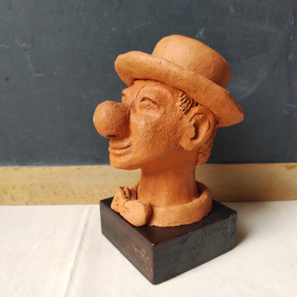 Terracotta clown statue, vintage Auguste clown head sculpture, mid century art, France