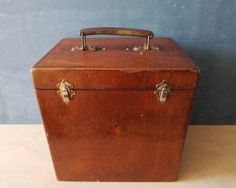 Mid century wood box, carrying case for technical supplies, 50s 60s lab equipment