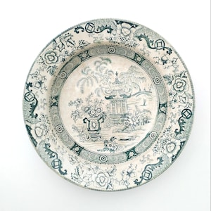 Large Creil Montereau serving bowl, rare tea stained green transferware Chinoiserie decor, 19 th century
