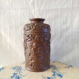 French antique tobacco jar from Beauvais, salt glazed pottery with cherubs and grapes decor, 19 th century