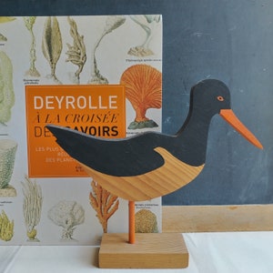 Vintage bird sculpture on stand, stylized carved wood figurine, modern folk art accent piece
