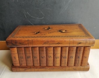 Rare antique jewelry box with secret compartments, faux books wood casket, Italy 1920s, curiosity and oddities