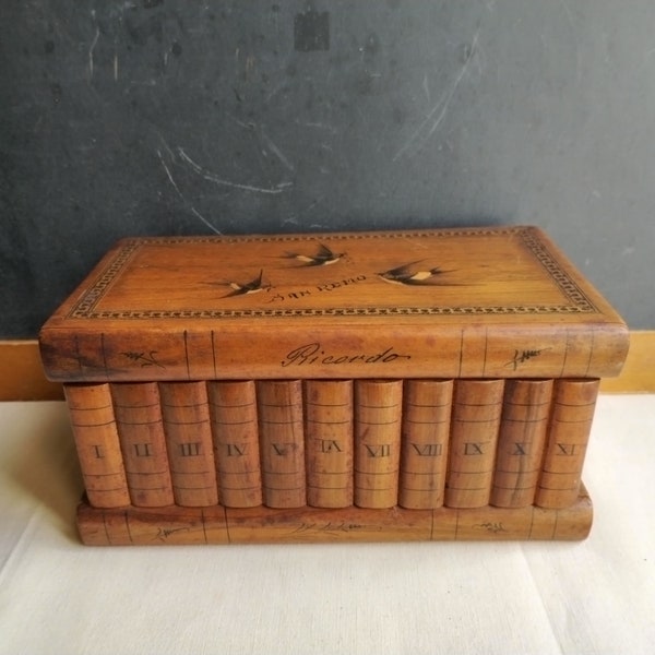 Rare antique jewelry box with secret compartments, faux books wood casket, Italy 1920s, curiosity and oddities