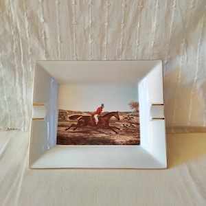French porcelain ashtray, English equestrian fox hunting scene, vintage catch all tray 1980s