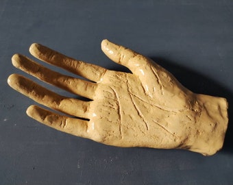 Large vintage Hand statue, quirky ceramic sculpture of a disembodied right hand, curiosity cabinet decor