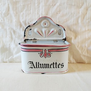 French enamel matches box, antique wall hanging tin box, cottage kitchen decor
