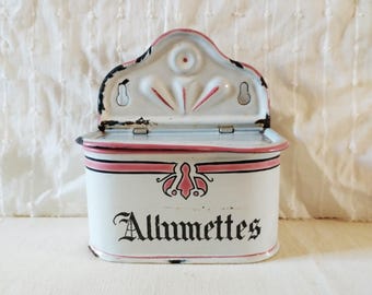 French enamel matches box, antique wall hanging tin box, cottage kitchen decor