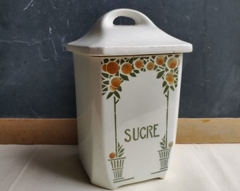 French art deco sugar canister, St Clement rustic kitchen pot, orange trees decor 1930s 1940s