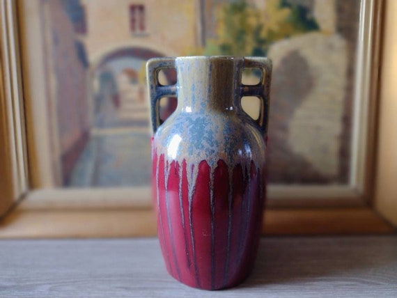 Fives-Lille stoneware vase De Bryun early XX th century red and gray spilling decor