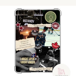 May include: A Kindle insert digital download featuring a collage of ice hockey-themed imagery, including players with jerseys labelled Rozanov and Hollander, a puck, a Canada maple leaf, red stars, a kiss mark, and text quotes like I MIGHT OPEN.