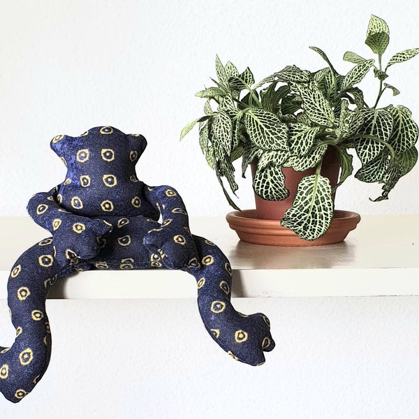 Stuffed frog - Blue frog made with vintage fabric - relaxing toy for teacher coworker girlfriend mother grandmother