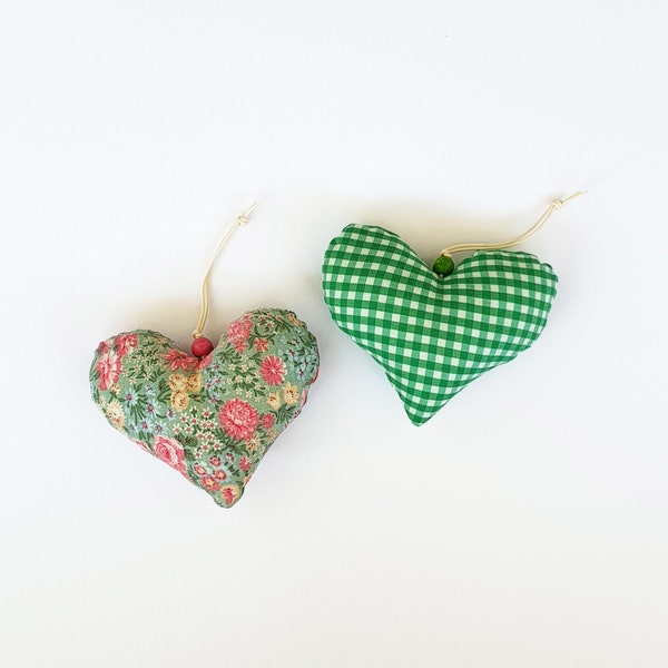 Hearts for decor - stuffed hearts in green and pink colors - vintage hearts - handmade decor - shabby chic