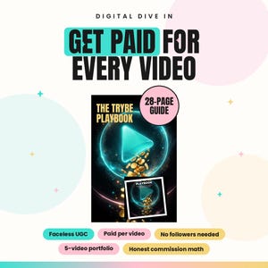 May include: A digital guide titled The Trybe Playbook featuring a 28-page count. The cover displays a glowing teal play button icon surrounded by gold coins against a dark background. Text includes Digital Dive In, Get Paid For Every Video, Faceless UGC, Paid per video, No followers needed, 5-video portfolio, and Honest commission math.