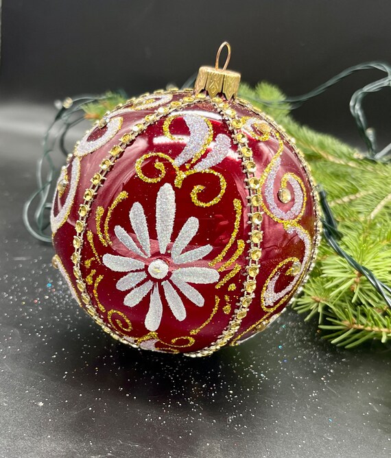 大きな赤い手描きのクリスマスガラスオーナメント、手作りのクリスマス 大きな赤い手描きのクリスマスガラスオーナメント、手作りのクリスマス