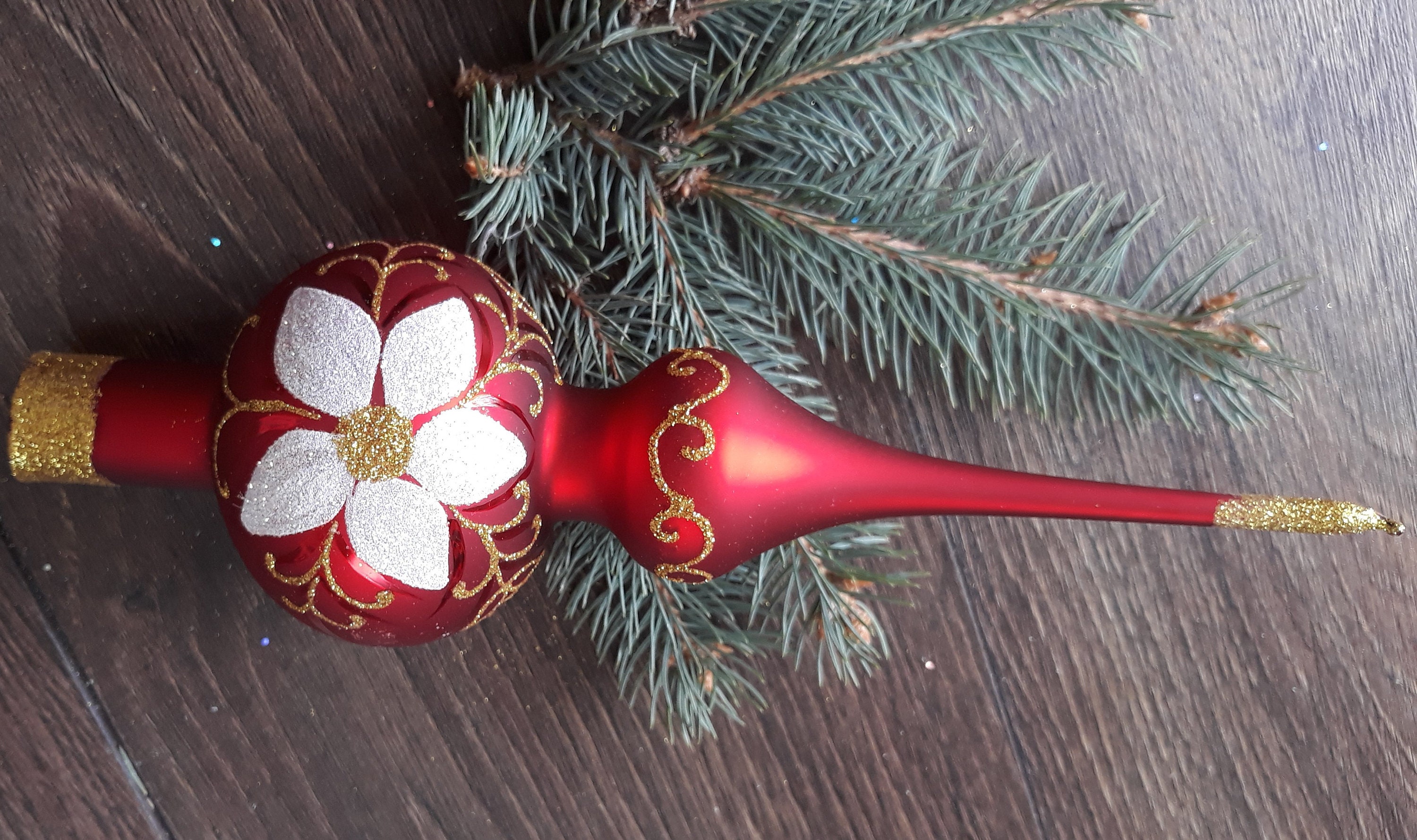 Glass Spire Tree Topper Red Silver Accents Christmas Finial Etsy