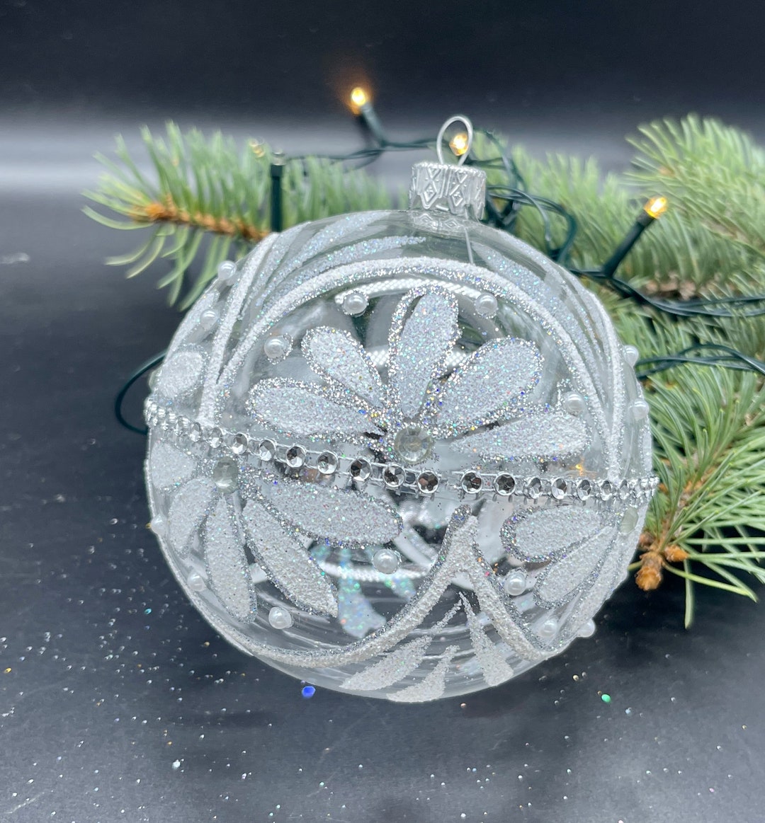 大きな透明な手描きのクリスマスガラスオーナメント、手作りの