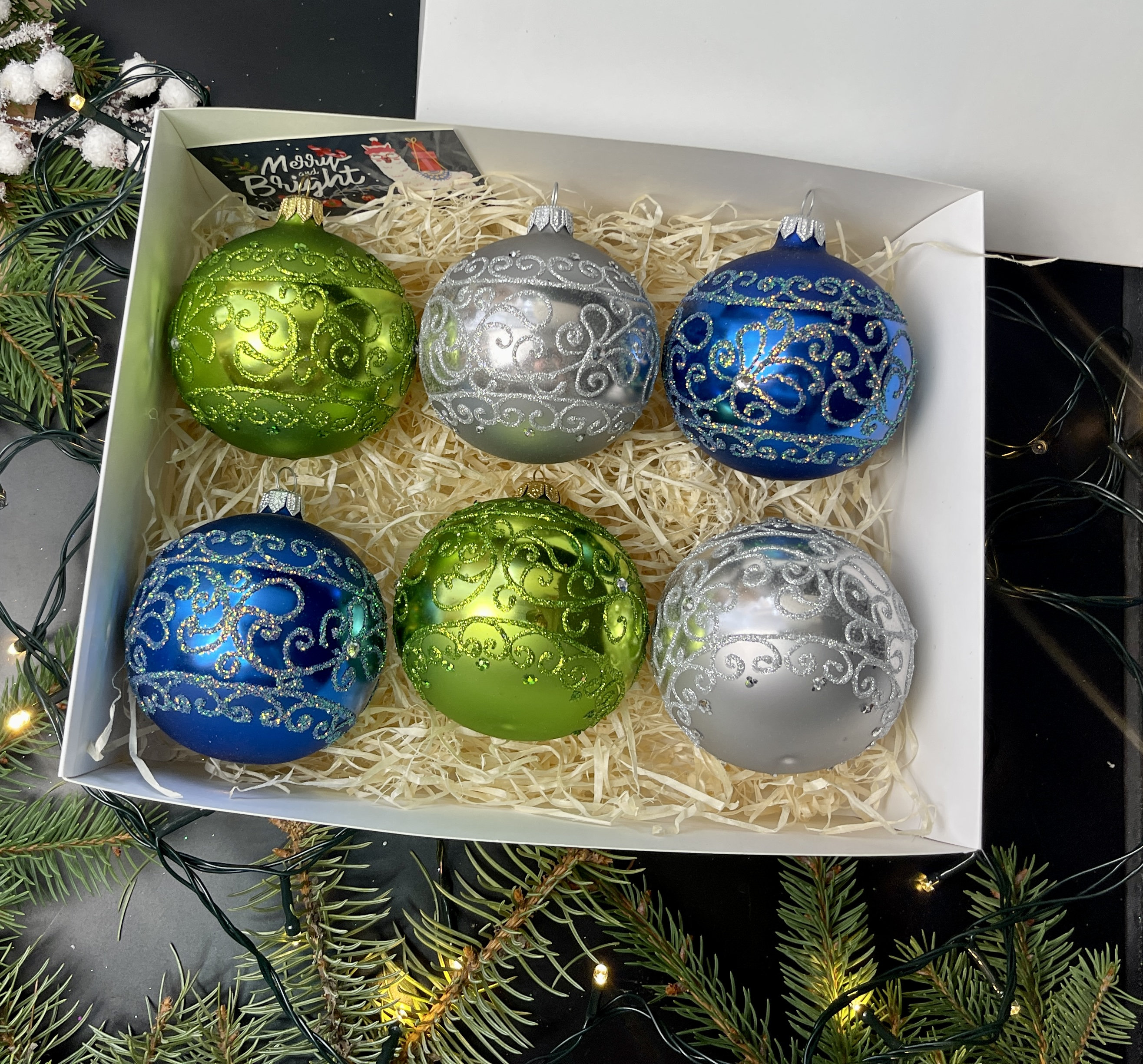 クリスマスガラスオーナメント6個セット、吹きガラスクリスマス、冬の