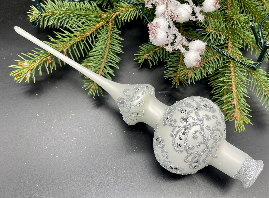 11" Matte White Sparkling Glass Christmas Tree Topper - Hand-Painted, Mouth-Blown German Glass