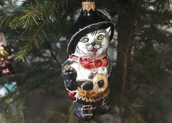 長靴をはいた猫のクリスマスガラスオーナメント、吹きガラスの