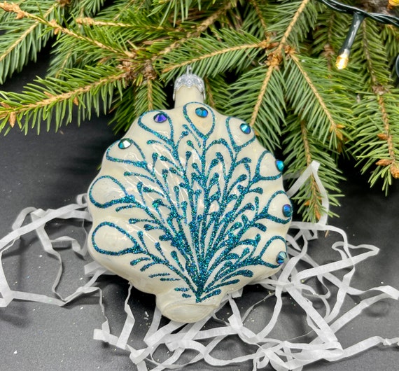 Teal White Peacock Decorative, Peacock Christmas Ornaments