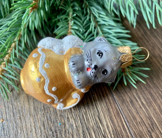 猫のクリスマスガラスオーナメント、吹きガラスのクリスマス、手作りの