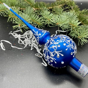 Blue Christmas glass tree topper 29 cm, vintage Christmas tree ornament, handmade glass, Xmas 2025, Winter decor, Xmas gift, Holiday decor