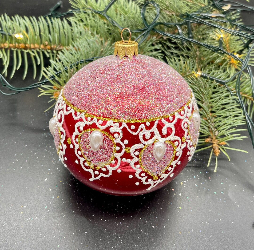 大きな赤い手描きのクリスマスガラスオーナメント、手作りのクリスマス